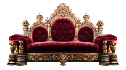 Luxurious red and gold couch elegantly placed on top of a pristine white floor on transparent background