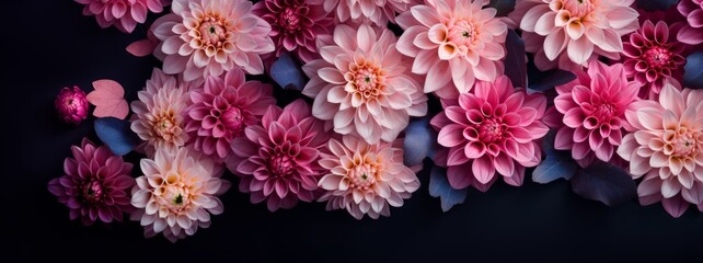 Blooming flowers spring banner - Colorful pink dahlia, isolated on dark background table, top view.