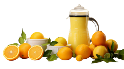 Juicy oranges encircle a vibrant pitcher of freshly squeezed orange juice on transparent background