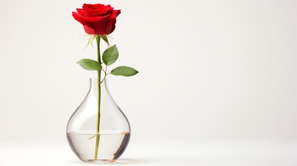 Obraz premium Elegant glass vase with a single red rose, isolated on pure white, soft shadows underlining simplicity.