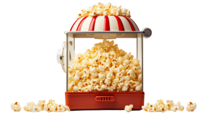 A red and white popcorn machine surrounded by scattered popcorn in a playful scene on transparent background