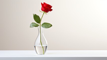 Elegant glass vase with a single red rose, isolated on pure white, soft shadows underlining simplicity.
