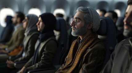 Handsome Iranian passengers are sitting on the plane