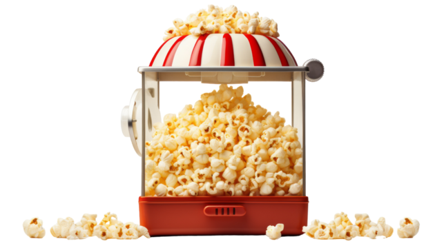 A red and white popcorn machine surrounded by scattered popcorn in a playful scene on transparent background