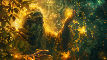 A mystical druid, communing with nature, surrounded by swirling leaves and glowing magical runes. Epic shot.


