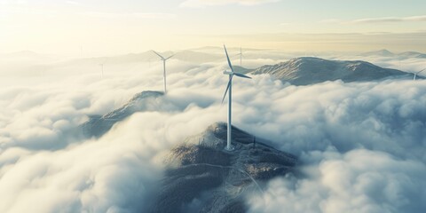 Ethereal Kunlun Peak: Aerial View of Wind Turbines and Mist
