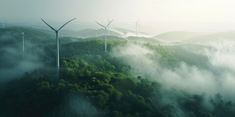 Misty Morning Harmony: Wind Turbines on Forested Mountain