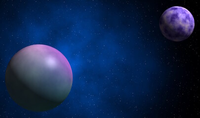 Two exoplanets in the distance galaxy with blue gas clouds.