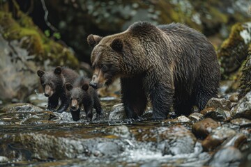 A mother bear teaching her cubs to fish in a mountain stream, capturing a moment of learning and survival bear and bear cubs in the summer forest Natural Habitat. Picture of a big brown bear