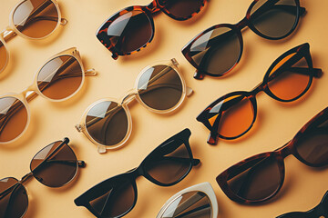 Variety of trendy sunglasses neatly arranged on a flat sandy-colored surface showcasing fashion eyewear