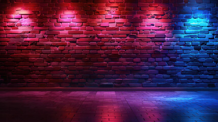 Red and blue neon lights on a brick wall background, night club stage design. Generative Ai Image.