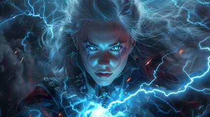 A mystical sorceress conjuring a storm of lightning and thunder, with her eyes glowing with arcane power. Epic shot.


