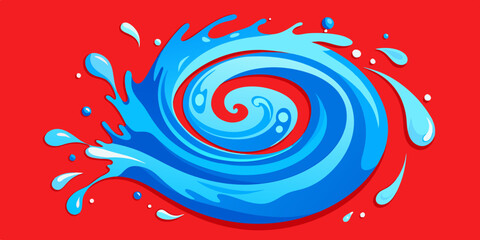 A vibrant blue swirl with water droplets is depicted against a bright red background. It evokes the feeling of dynamic motion and fluidity as if representing a stylized wave or liquid in motion.AI gen