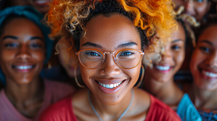 Fototapeta premium A group of women with different hair colors and styles are smiling and posing for a picture. Scene is happy and friendly, as the women are enjoying each other's company and sharing a moment together