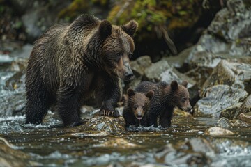 A mother bear teaching her cubs to fish in a mountain stream, capturing a moment of learning and survival bear and bear cubs in the summer forest Natural Habitat. Picture of a big brown bear