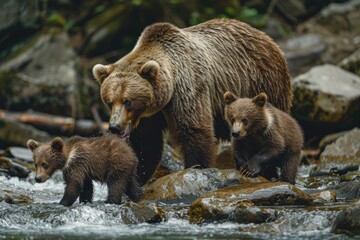 A mother bear teaching her cubs to fish in a mountain stream, capturing a moment of learning and survival bear and bear cubs in the summer forest Natural Habitat. Picture of a big brown bear