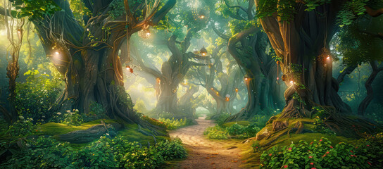 A fantasy forest with giant trees, a dirt path down the center of the frame and magical lights...