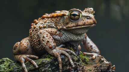 Obraz premium A macro shot captures a crowned tree frog with granular skin and captivating eyes resting atop a richly textured mossy log