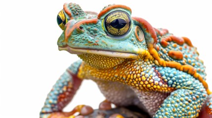 A high-quality image displaying a frog with striking coloration and textures against a white background