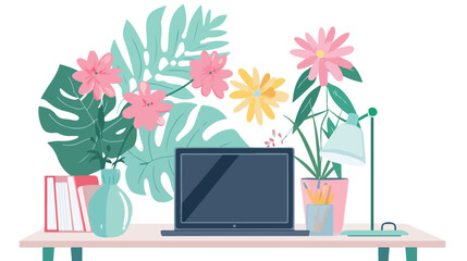 Modern workplace with laptop flowers in vase and lamp