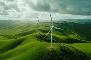 Wind Power Panorama: Turbines Amidst Lush Countryside