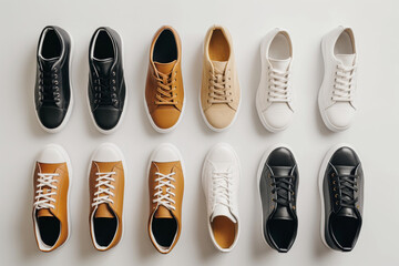 Overhead view of various sneakers in a clean, minimalistic arrangement