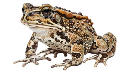 An intricately detailed image of a brown patterned frog isolated on a white background showcasing its texture