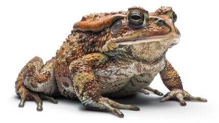 A close-up image of an imposing frog with bulging eyes and earth-toned skin on a crisp white background