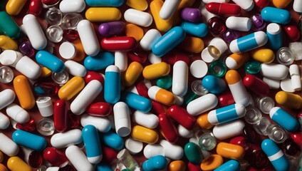 A whirlwind of medication, Multicolored pills and capsules cascading through the air in a captivating display.