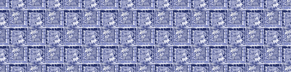 Decorative Indigo blue Japanese block print border pattern. Seamless dye effect vector design for fabric batik background edging banner. 