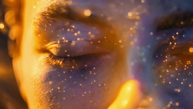 Closeup of a persons face eyes closed with a soft glow emanating from their forehead. The image represents the mental clarity and focus achieved through regular mindfulness and meditation .