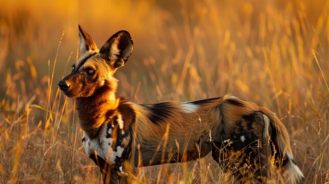 Backlit by golden light, an African wild dog with tall ears and striking markings stands alert in the tall grass