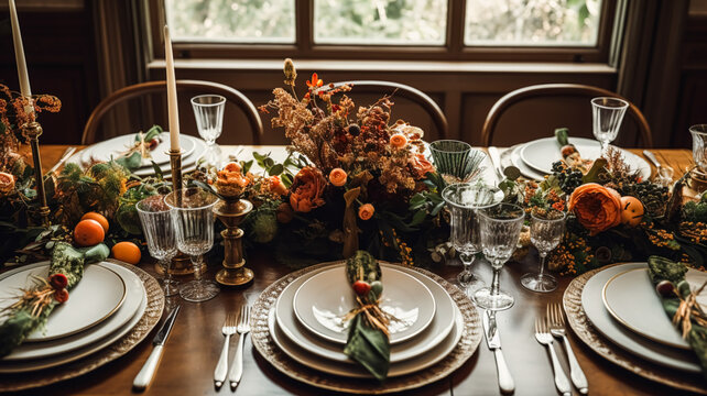 Autumn holiday tablescape, formal dinner table setting, table scape with elegant autumnal floral decor for wedding party and event decoration idea