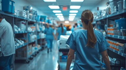 Hospital staff members restocking medical supplies in emergency response carts, ensuring readiness for patient care.