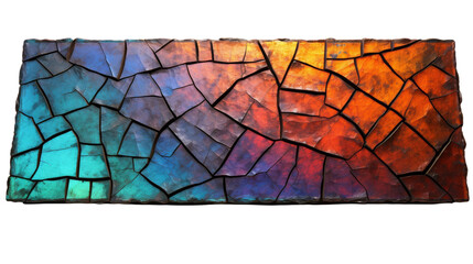 A vibrant, multicolored piece of art resembling shattered glass reflects light and color on transparent background