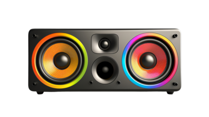 A speaker with colorful speakers arranged on top, ready to deliver a burst of vibrant audio on transparent background