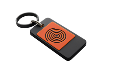 A vibrant orange and black square-shaped keychain on transparent background