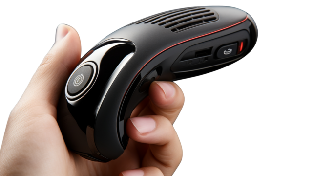 A person showcasing a black and red device in their hand on transparent background