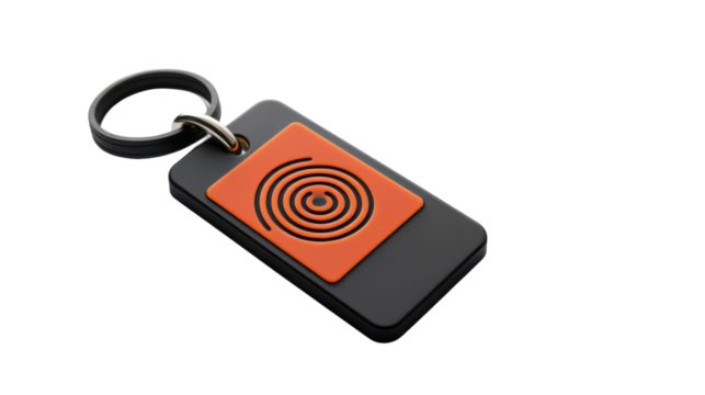 A vibrant orange and black square-shaped keychain on transparent background