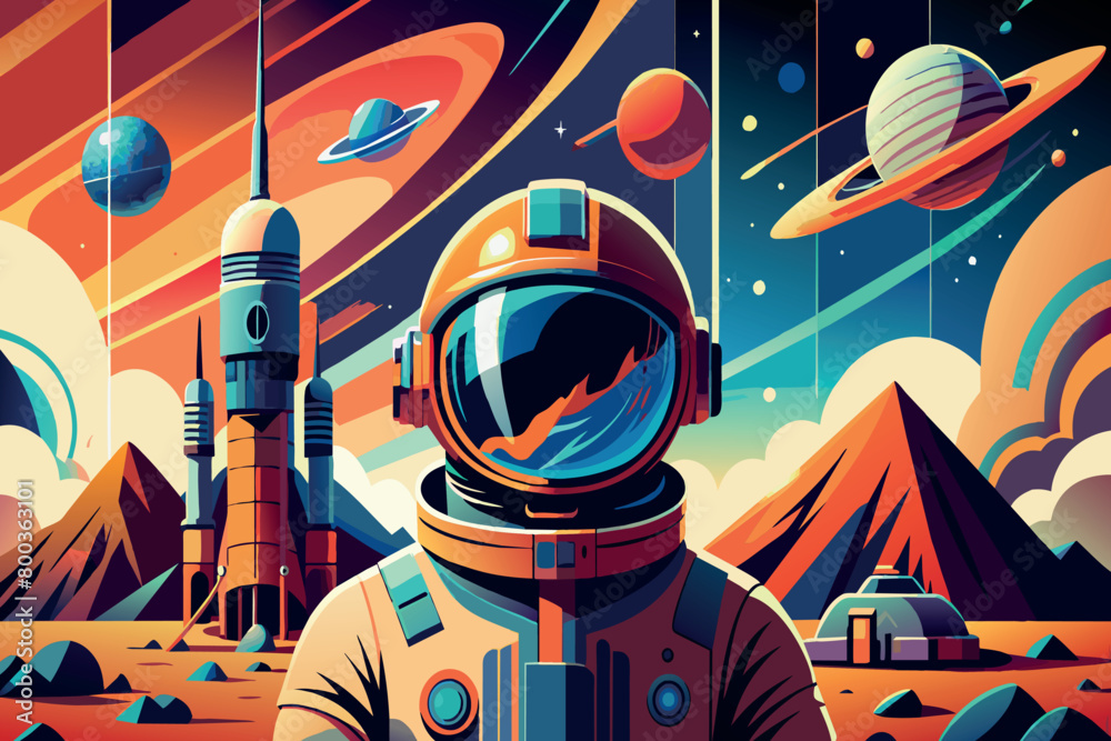 Wall mural A colorful space scene with a man in a spacesuit standing in front of a rocket