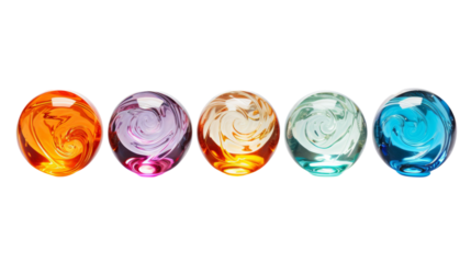 A vibrant row of glass vases in various colors arranged side by side on transparent background