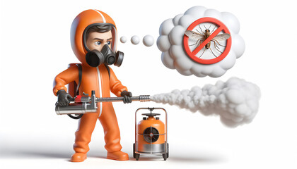 Pest Control Worker Using Fogging Machine 3D Render, Chemical Fogging for Pest Control Caricature, 3D Caricature of Exterminator in Protective Suit