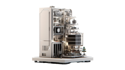 A computer tower piled high with a multitude of diverse objects, creating a chaotic yet intriguing display on transparent background