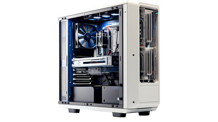 A sleek computer case in iridescent white and soothing blue, adorned with a whisper-quiet fan on transparent background