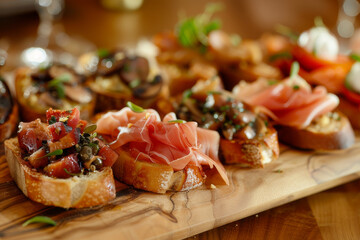 Gourmet bruschetta options on a wooden board, focusing on creative toppings like prosciutto and fig, mushroom and thyme, or smoked salmon and cream cheese - Generative AI