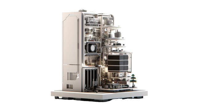 A computer tower piled high with a multitude of diverse objects, creating a chaotic yet intriguing display on transparent background