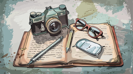 Notebook eyeglasses pen watch and photo camera on gru