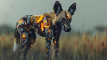 A visually striking image of a wild dog with a digital, pixelated body standing amidst tall grasses...