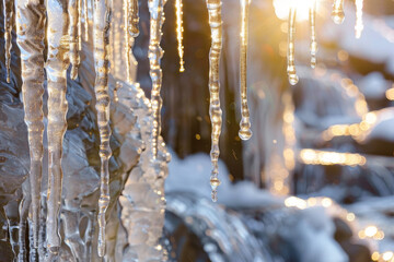 A cascade of icicles illuminated by sunlight, focusing on the brilliant refraction of light through the ice - Generative AI - obrazy, fototapety, plakaty