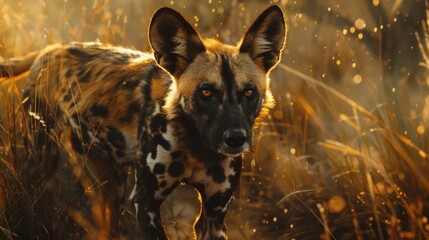 An African Wild Dog stands surrounded by golden grass, the warm light of sunset illuminating its spotted coat - Powered by Adobe